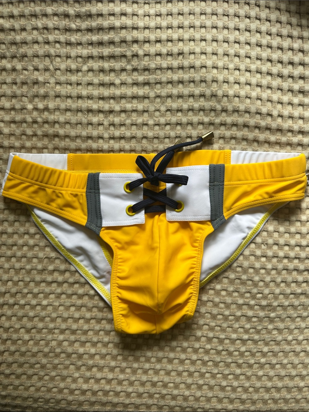 Marcuse Swim Brief White/Gray/Yellow Lace Up